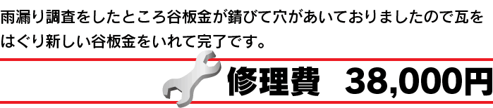雨漏り調査をしたところ谷板金がさびて穴があいておりましたので瓦をはぐり新しい谷板金をいれて完了です。修理費38,000円