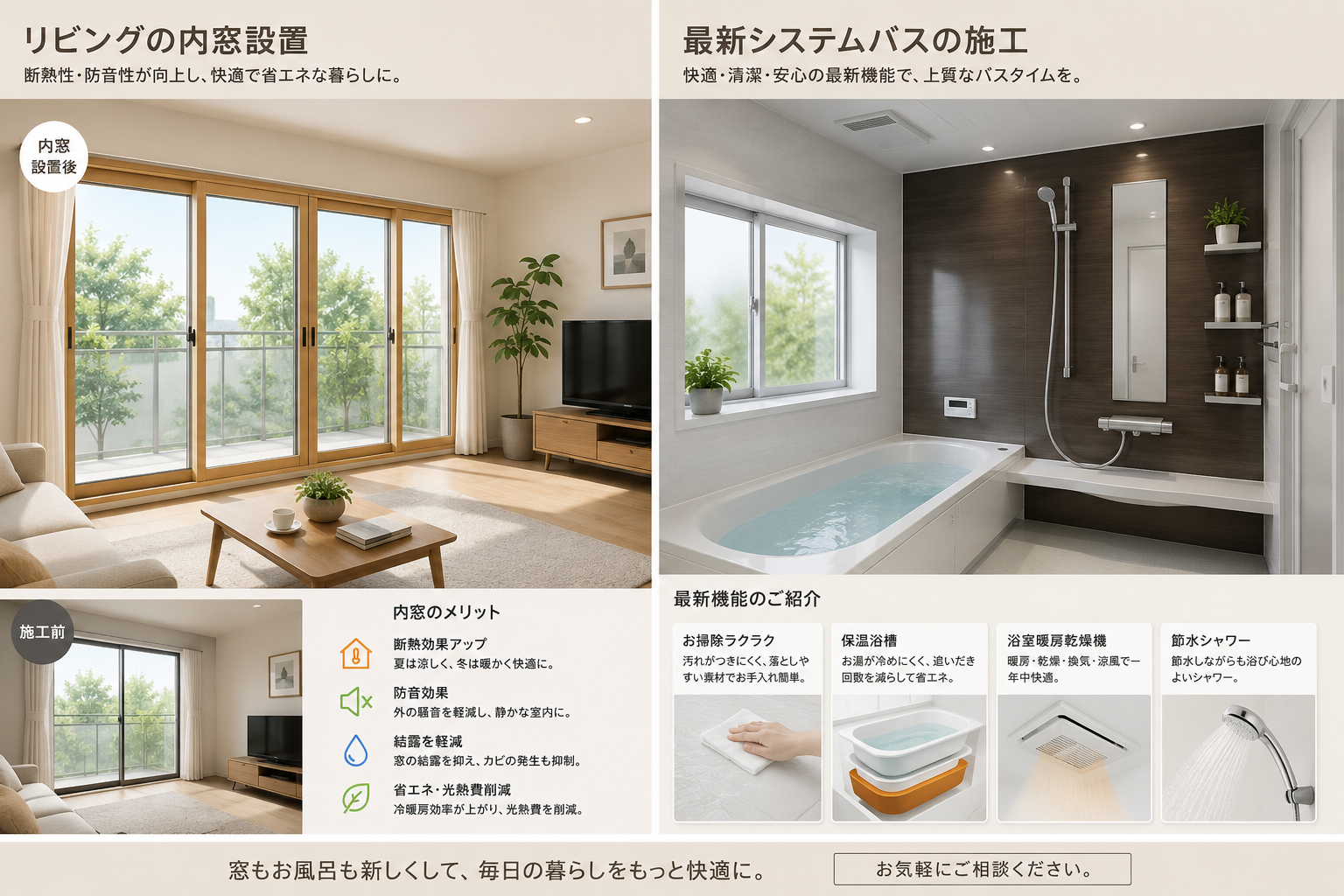リビングの内窓設置と最新システムバスの施工イメージ