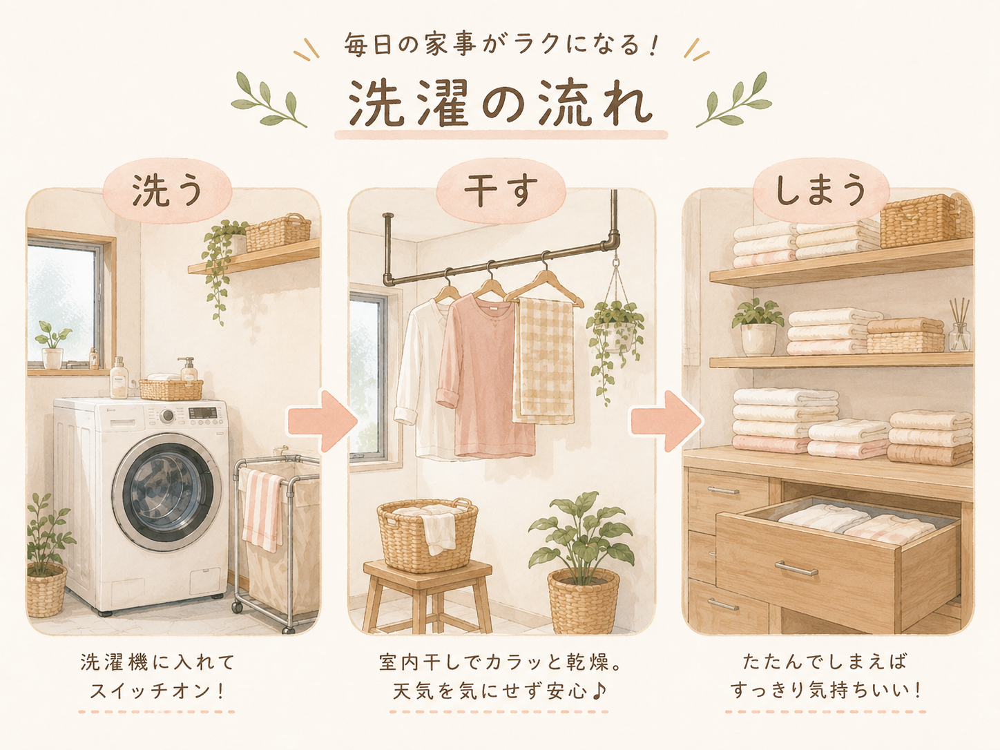洗う、干す、しまうの洗濯動線イラスト